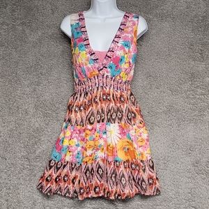 Just Funky Womens Small Bohemian Summer Dress, Pink, Yellow & Teal